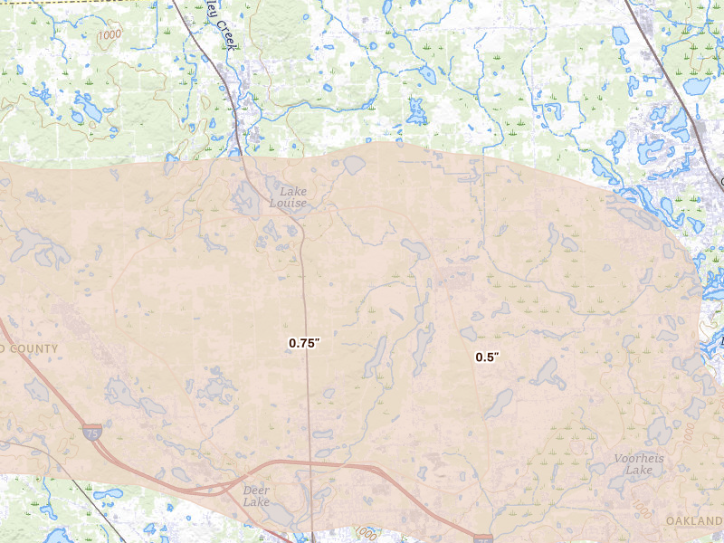 Radar-estimated hail-size map of the storm over Ortonville, MI on Sep 3, 2026
