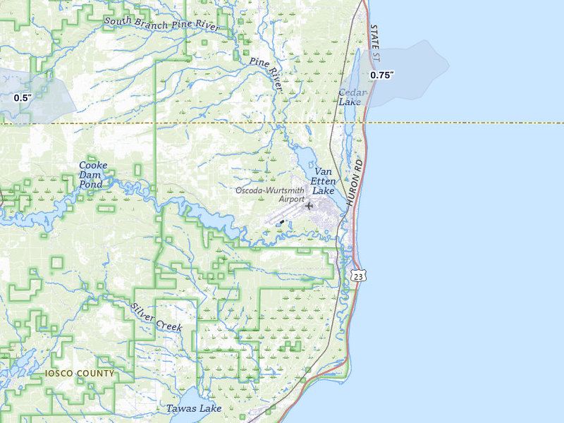 NEXRAD radar-signature map of the hail storm over Oscoda, MI on Jul 1, 2026