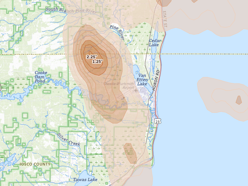 Radar-estimated hail-size map of the storm over Oscoda, MI on Jul 27, 2026