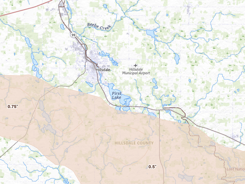 Radar-estimated hail-size map of the storm over Osseo, MI on Apr 22, 2026