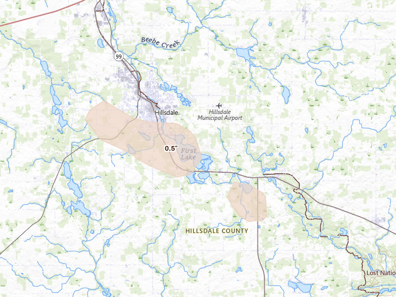 Radar-estimated hail-size map of the storm over Osseo, MI on Aug 10, 2026