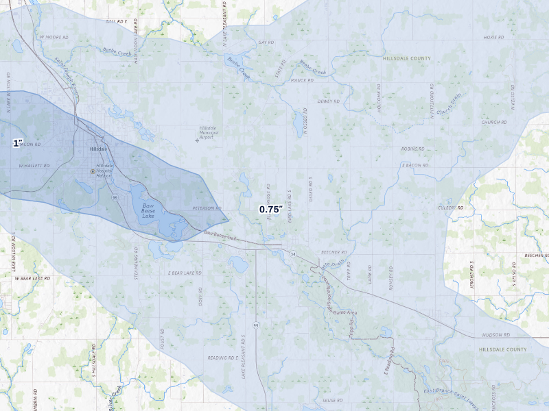 NEXRAD radar-signature map of the hail storm over Osseo, MI on Aug 10, 2026