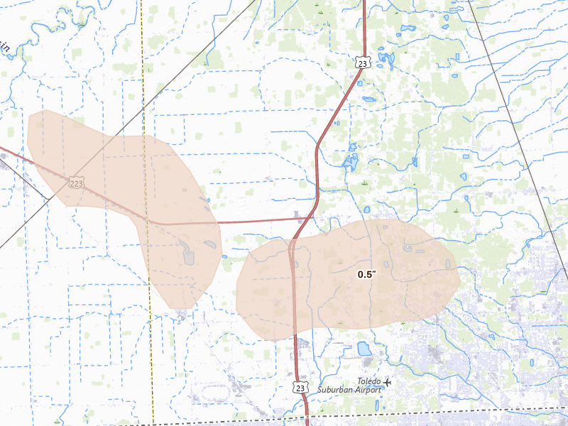 Radar-estimated hail-size map of the storm over Ottawa Lake, MI on Mar 26, 2026