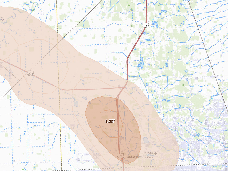 Radar-estimated hail-size map of the storm over Ottawa Lake, MI on Jul 27, 2026