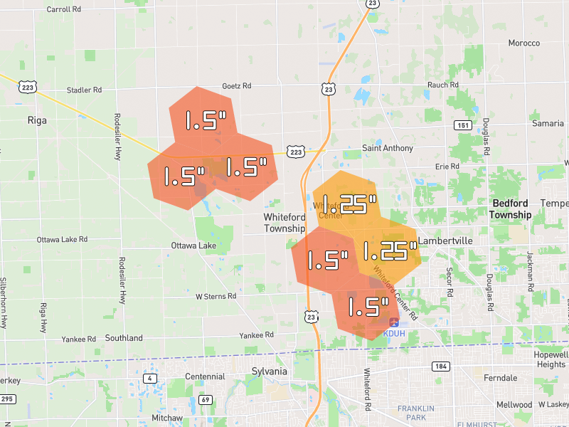 Hail map of Ottawa Lake, MI on Jul 28, 2026, hail up to 1.5"