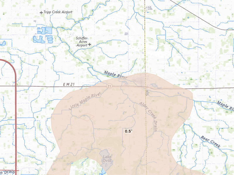 Radar-estimated hail-size map of the storm over Ovid, MI on Sep 3, 2026