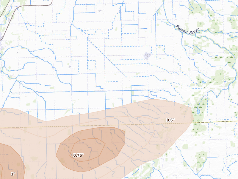 Radar-estimated hail-size map of the storm over Owendale, MI on May 17, 2026