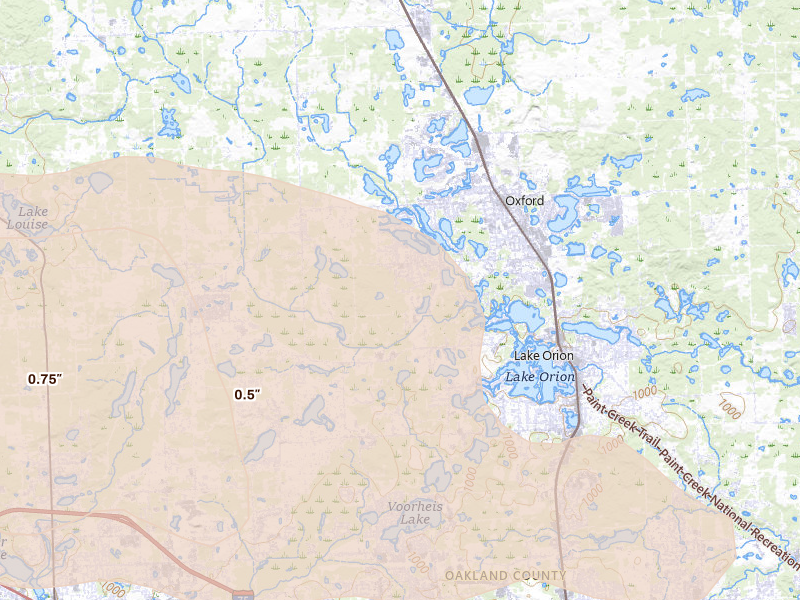 Radar-estimated hail-size map of the storm over Oxford, MI on Sep 3, 2026