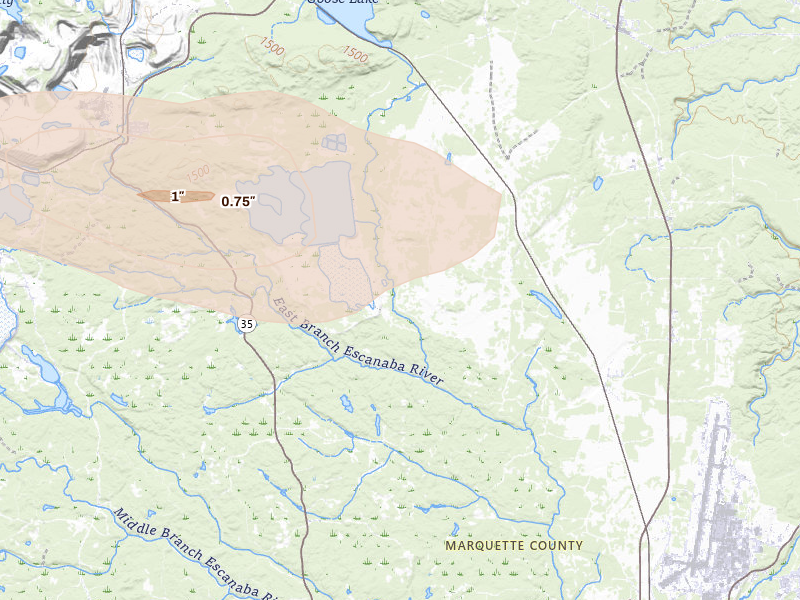 Radar-estimated hail-size map of the storm over Palmer, MI on Jun 5, 2026