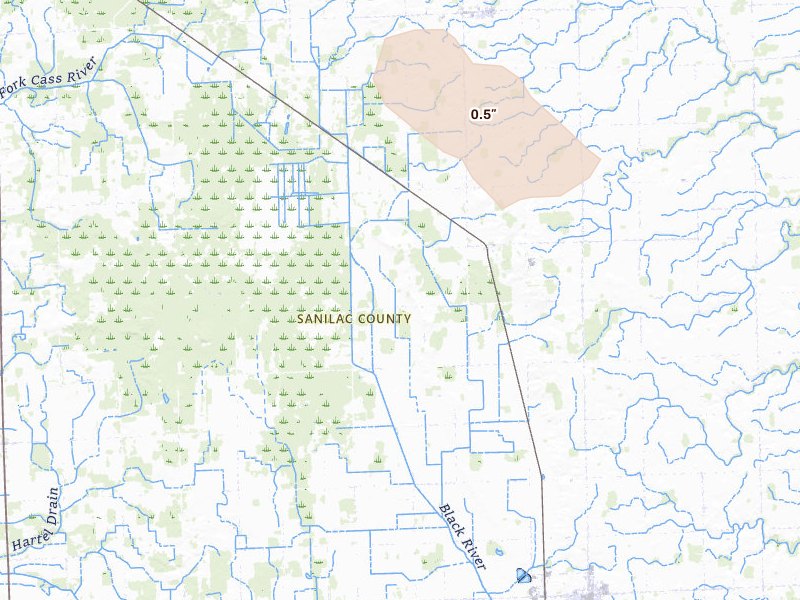 Radar-estimated hail-size map of the storm over Palms, MI on Jul 15, 2026
