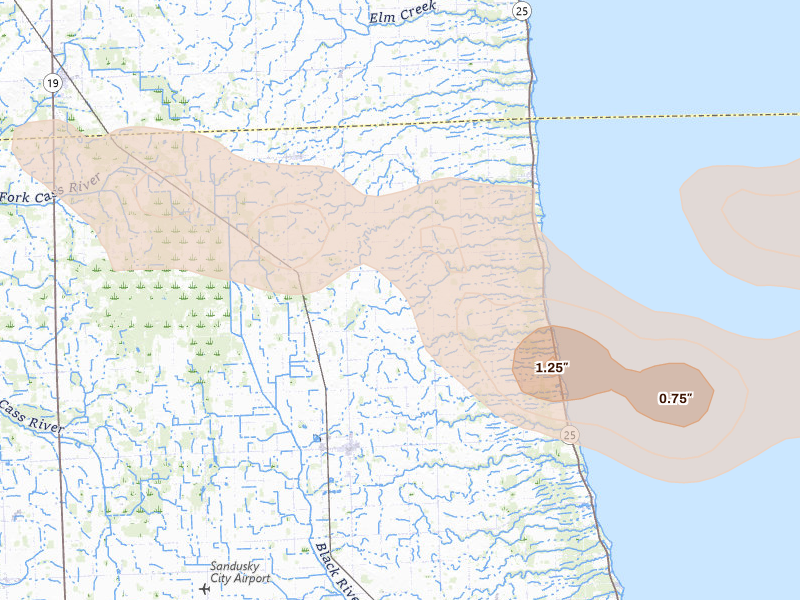Radar-estimated hail-size map of the storm over Palms, MI on Sep 2, 2026
