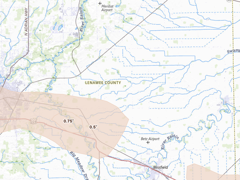 Radar-estimated hail-size map of the storm over Palmyra, MI on Mar 26, 2026