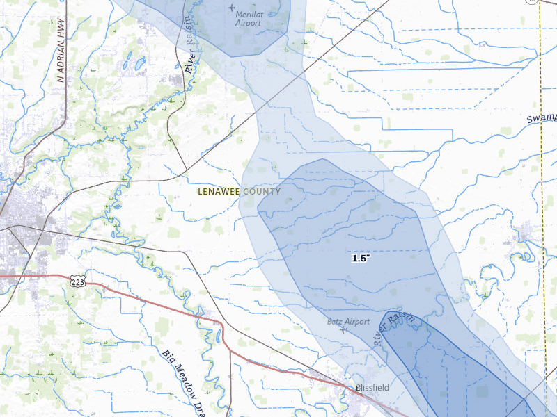 NEXRAD radar-signature map of the hail storm over Palmyra, MI on Jul 27, 2026