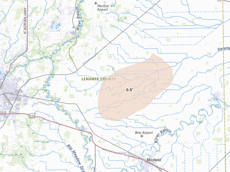 Radar-estimated hail-size map of the storm over Palmyra, MI on Sep 3, 2026