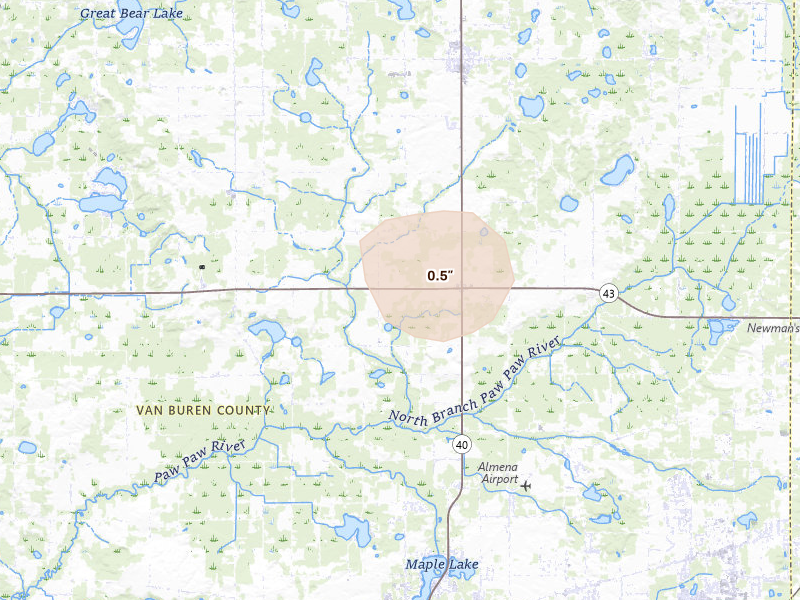 Radar-estimated hail-size map of the storm over Paw Paw, MI on Jul 17, 2026