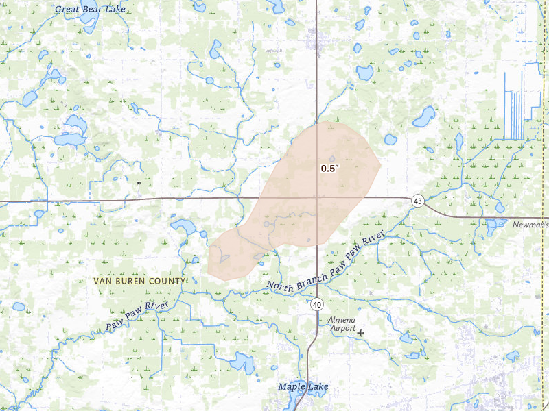 Radar-estimated hail-size map of the storm over Paw Paw, MI
