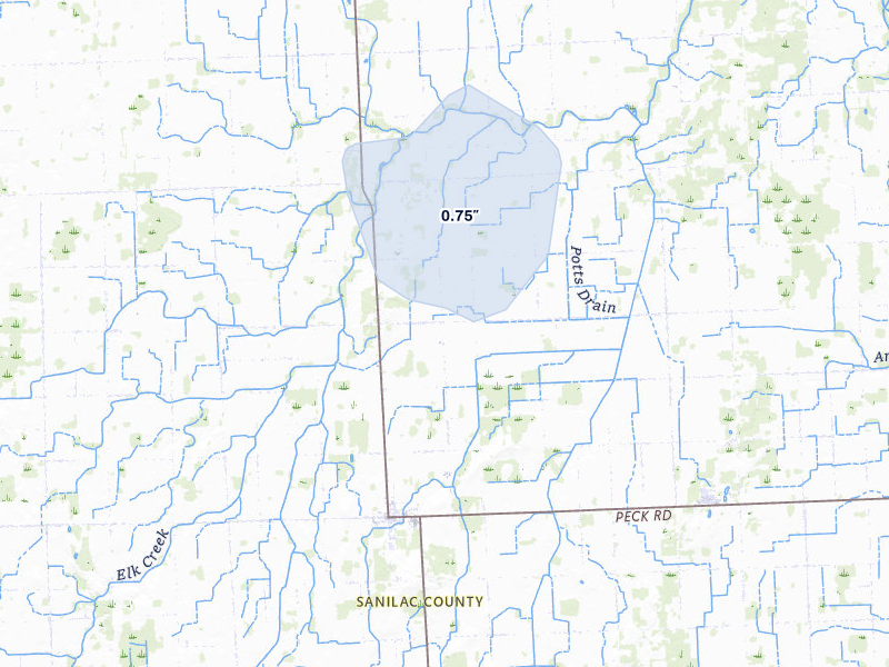 NEXRAD radar-signature map of the hail storm over Peck, MI on May 18, 2026