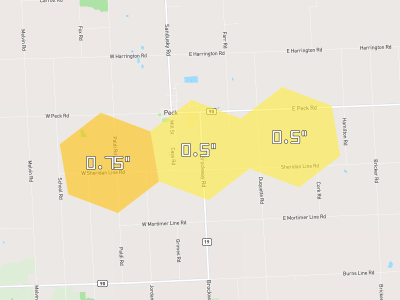 Hail map of Peck, MI on Jul 21, 2026, hail up to 0.75"