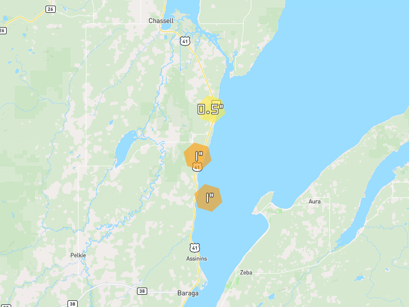 Hail map of Pelkie, MI on Jul 12, 2026, hail up to 1"