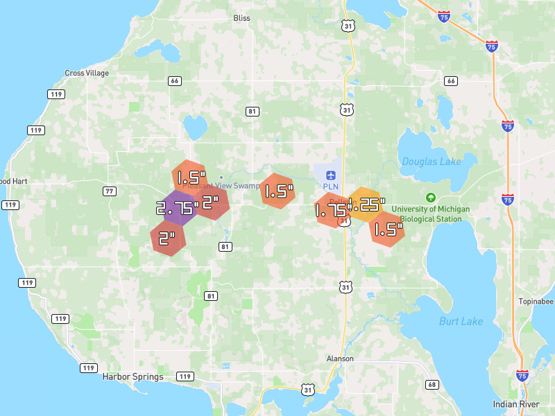Hail map of Pellston, MI on Jun 29, 2026, hail up to 2.75"