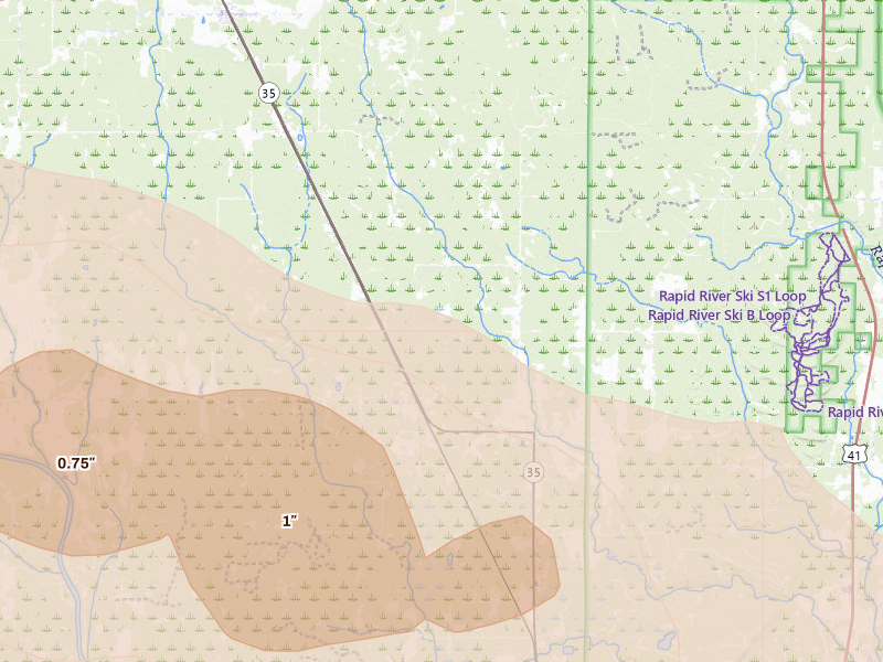 Radar-estimated hail-size map of the storm over Perkins, MI on Jul 20, 2026
