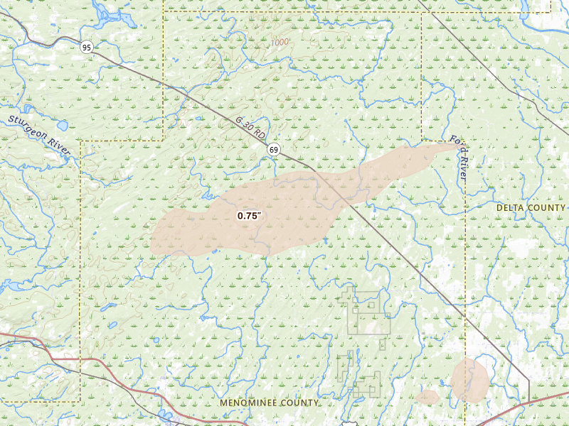 Radar-estimated hail-size map of the storm over Perronville, MI on Jun 28, 2026