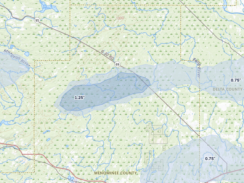 NEXRAD radar-signature map of the hail storm over Perronville, MI on Jun 28, 2026
