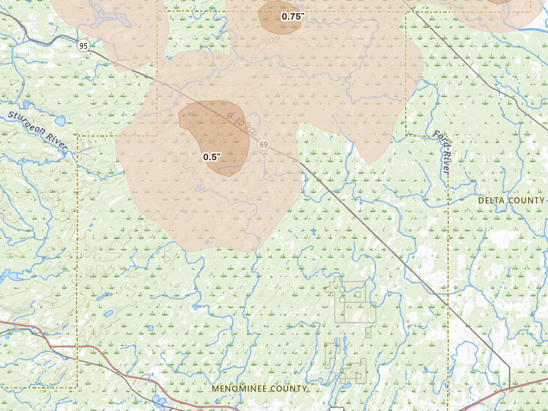 Radar-estimated hail-size map of the storm over Perronville, MI on Jul 12, 2026