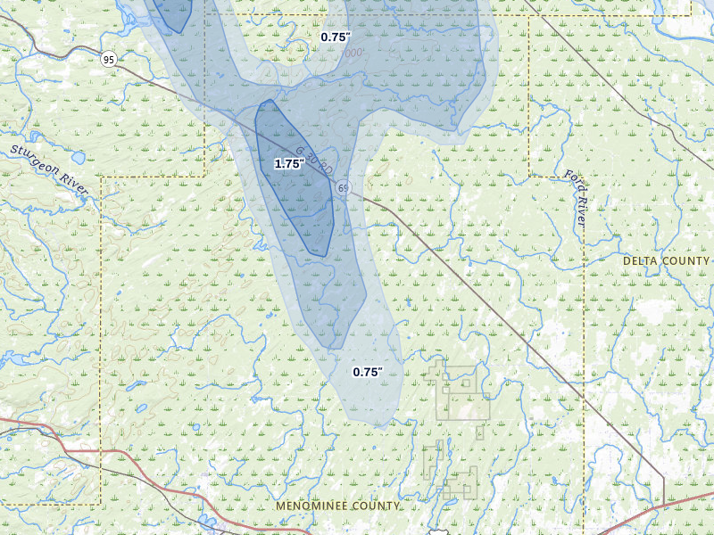 NEXRAD radar-signature map of the hail storm over Perronville, MI on Jul 12, 2026