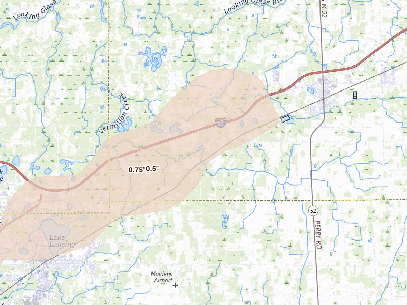 Radar-estimated hail-size map of the storm over Perry, MI on Mar 6, 2026