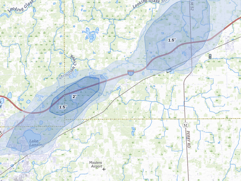 NEXRAD radar-signature map of the hail storm over Perry, MI on Mar 6, 2026