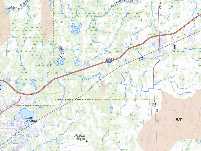 Radar-estimated hail-size map of the storm over Perry, MI on May 15, 2026