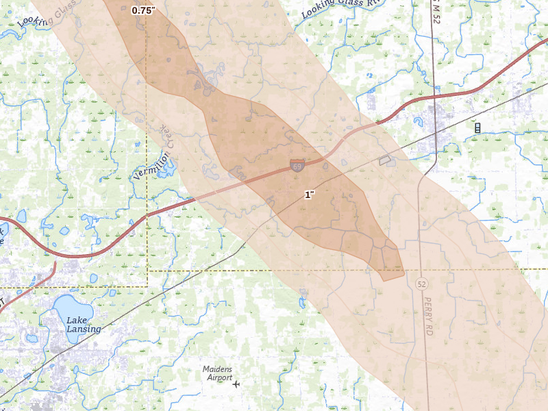 Radar-estimated hail-size map of the storm over Perry, MI on Jul 15, 2026