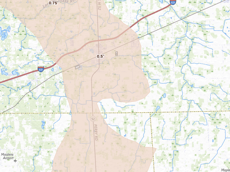 Radar-estimated hail-size map of the storm over Perry, MI