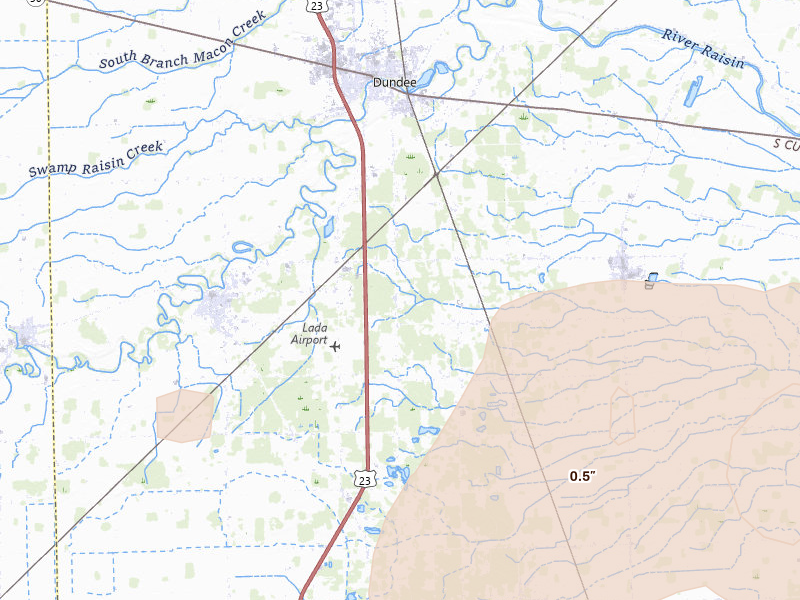 Radar-estimated hail-size map of the storm over Petersburg, MI on Aug 9, 2026