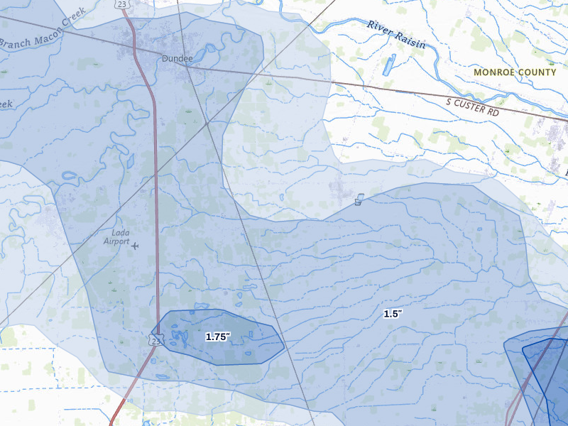 NEXRAD radar-signature map of the hail storm over Petersburg, MI on Aug 9, 2026