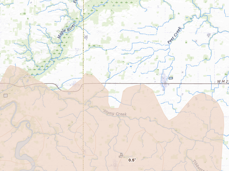 Radar-estimated hail-size map of the storm over Pewamo, MI on May 15, 2026