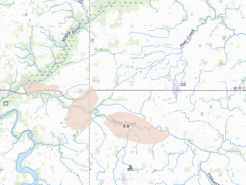 Radar-estimated hail-size map of the storm over Pewamo, MI on Jul 9, 2026