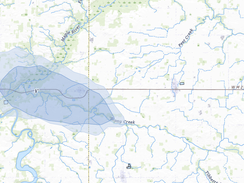 NEXRAD radar-signature map of the hail storm over Pewamo, MI on Jul 9, 2026
