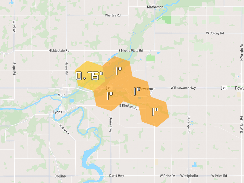 Hail map of Pewamo, MI on Jul 9, 2026, hail up to 1"