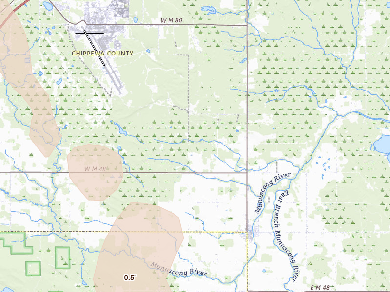 Radar-estimated hail-size map of the storm over Pickford, MI on Jul 26, 2026