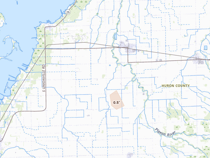 Radar-estimated hail-size map of the storm over Pigeon, MI on Sep 2, 2026