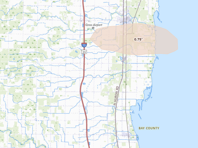 Radar-estimated hail-size map of the storm over Pinconning, MI on Jun 25, 2026