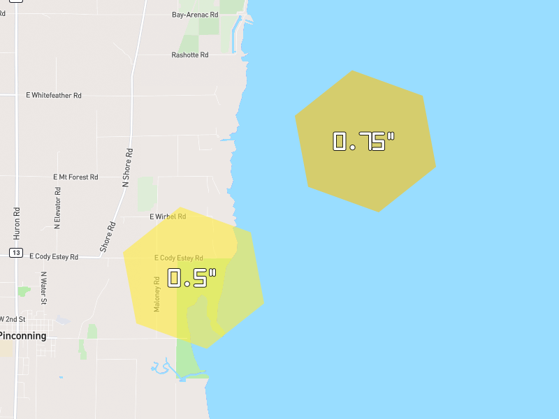 Hail map of Pinconning, MI on Jul 1, 2026, hail up to 0.75"