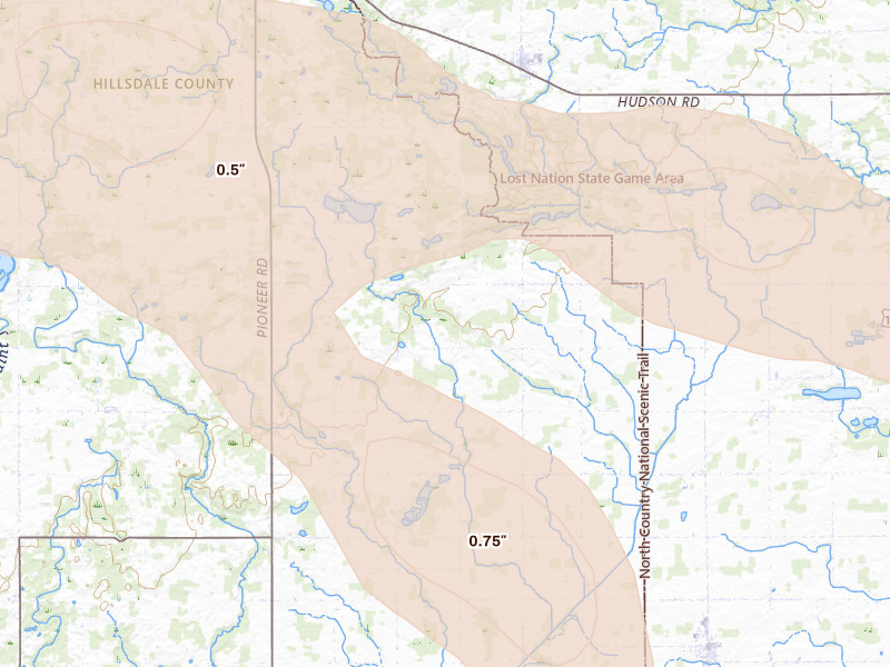 Radar-estimated hail-size map of the storm over Pittsford, MI on Apr 22, 2026