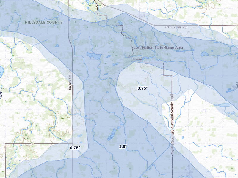 NEXRAD radar-signature map of the hail storm over Pittsford, MI on Apr 22, 2026