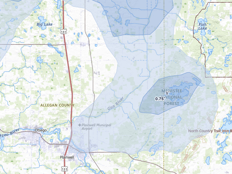 NEXRAD radar-signature map of the hail over Plainwell, MI