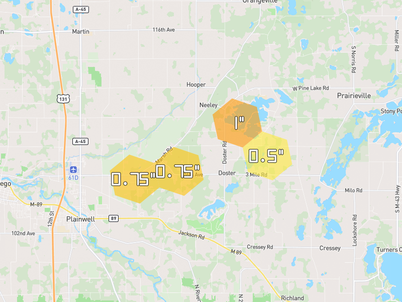 Hail map of Plainwell, MI on Jul 3, 2026, hail up to 1"