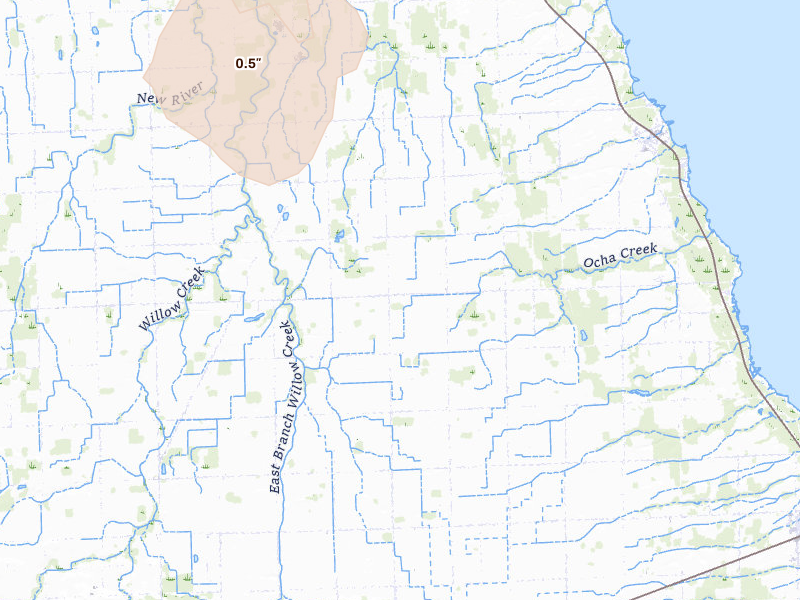 Radar-estimated hail-size map of the storm over Port Hope, MI on Jul 10, 2026