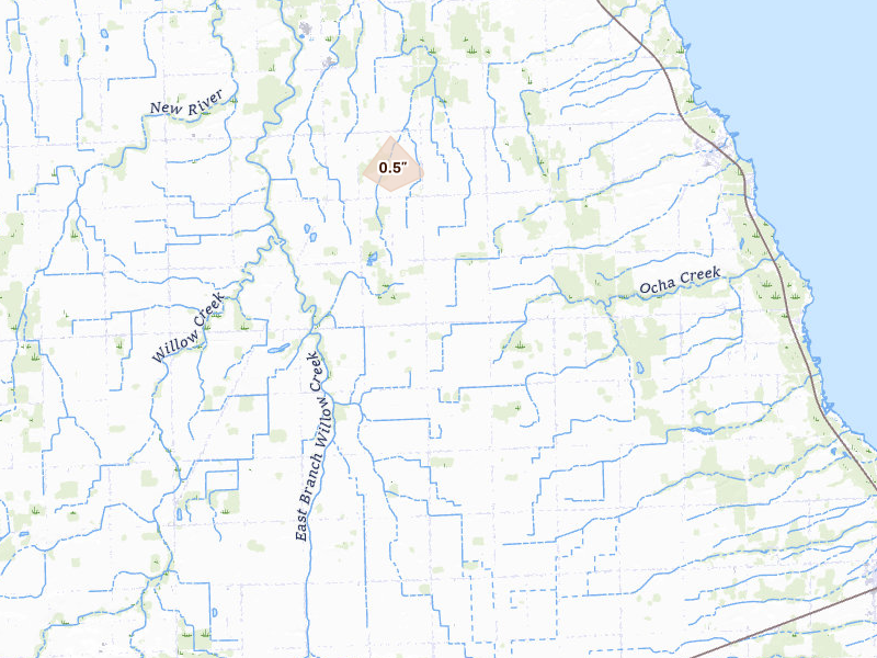 Radar-estimated hail-size map of the storm over Port Hope, MI on Jul 15, 2026